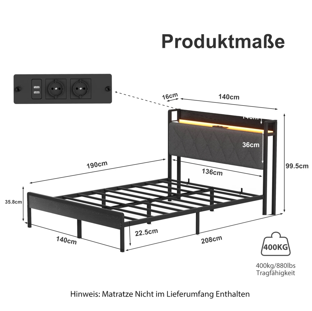 Letto matrimoniale per materasso 140x190 cm con testiera LED e USB; nero/grigio