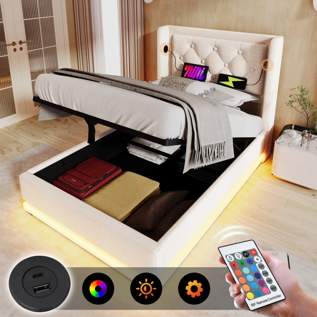 LETTO imbottito 90x200 cm beige in cotone con USB Tipo C, LED e contenitore