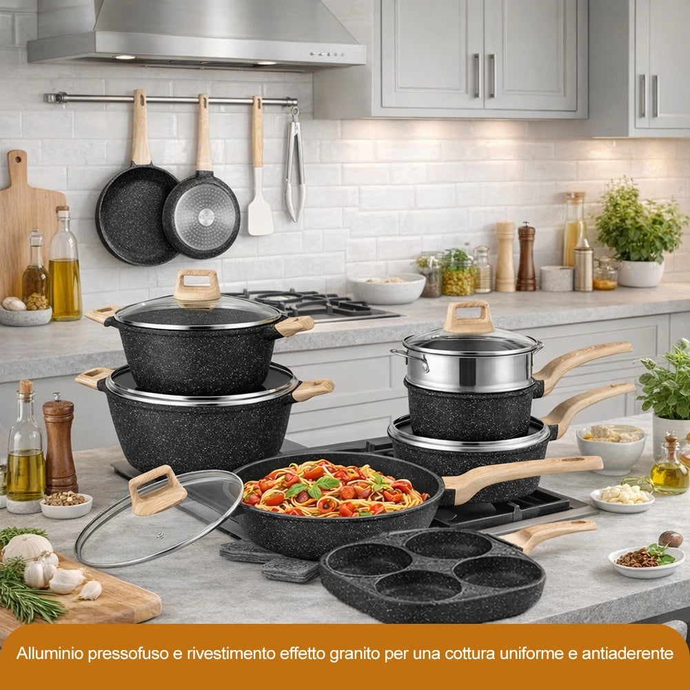 Batteria Pentole e Padelle 21 Pezzi Nero in Alluminio Pressofuso Antiaderente