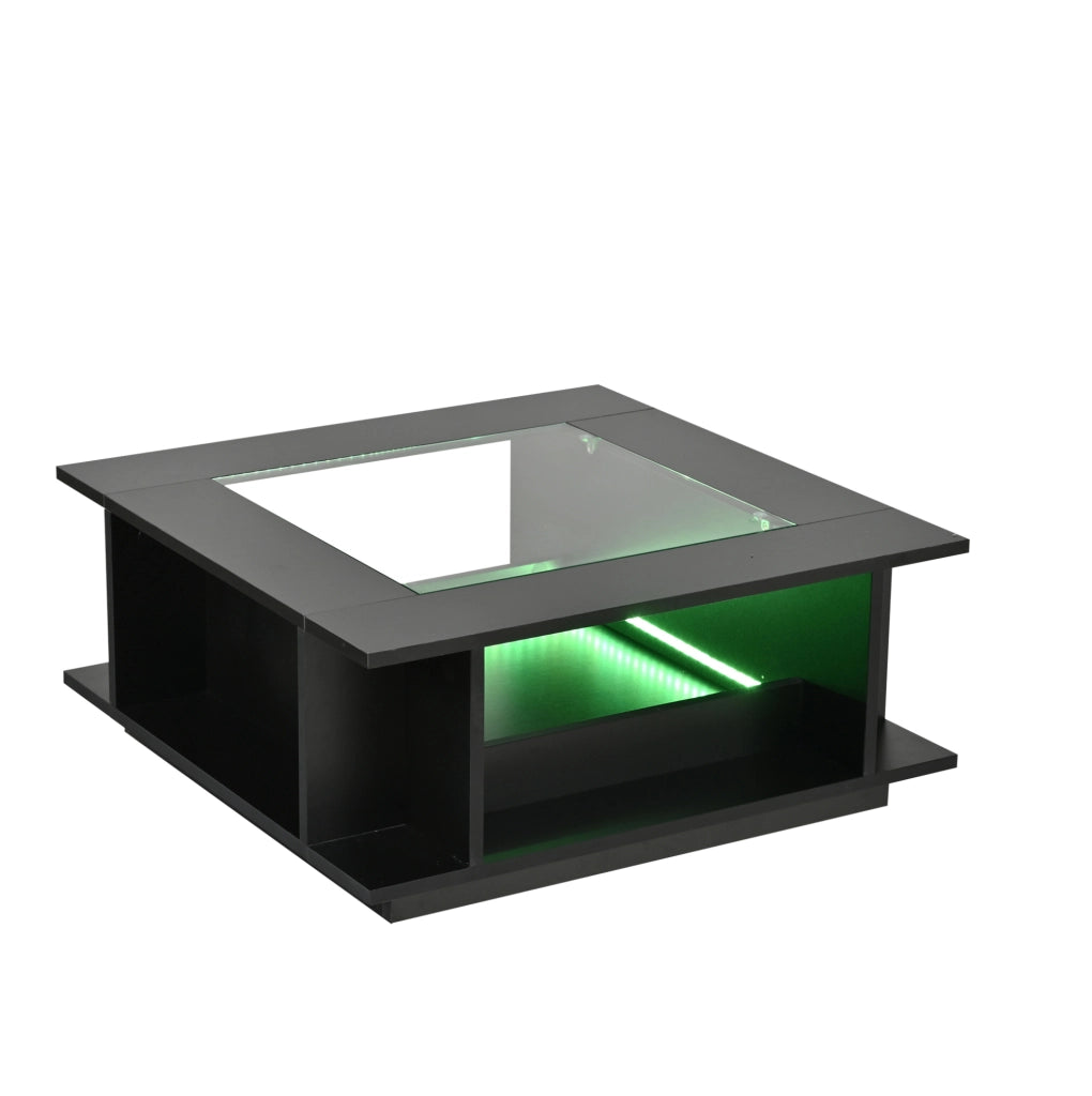 Tavolino da caffè quadrato 70x70x30 cm con piano in vetro; finitura nero lucido e LED