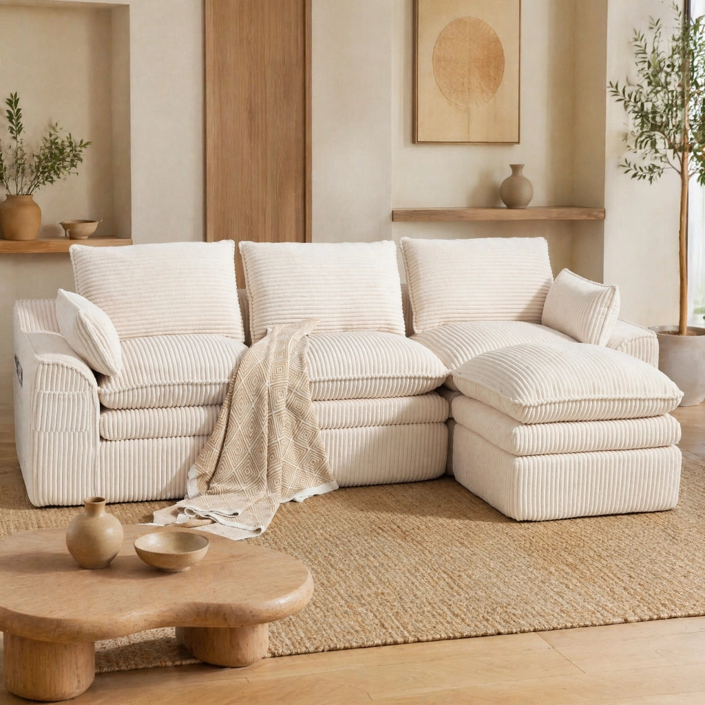 DIVANO Modulare 3 posti con pouf, cuscini e tasche laterali, 263x167x85 cm, Corduroy Beige
