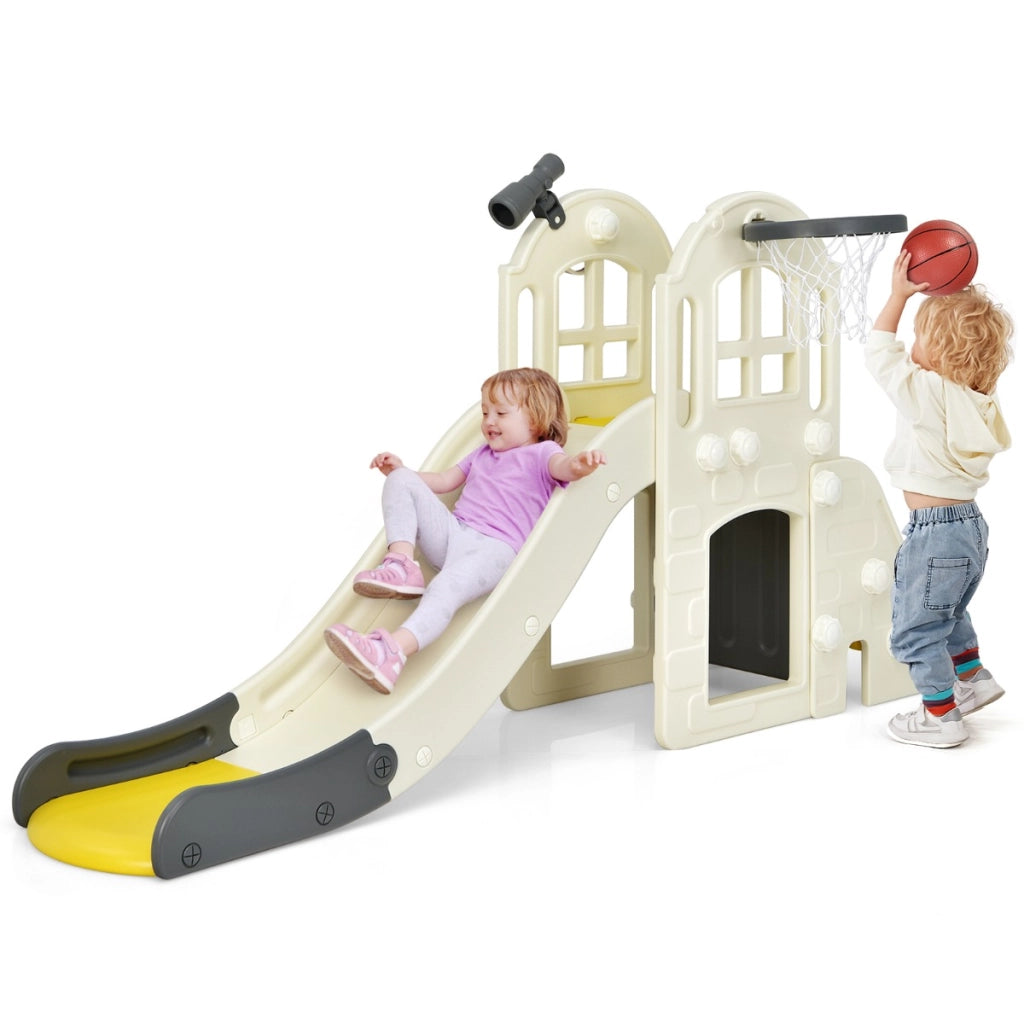 Scivolo grande per bambini 6 in 1 con canestro palla lancio dell'anello e cannocchiale, Set da gioco Giallo-Arrampicate e scivoli