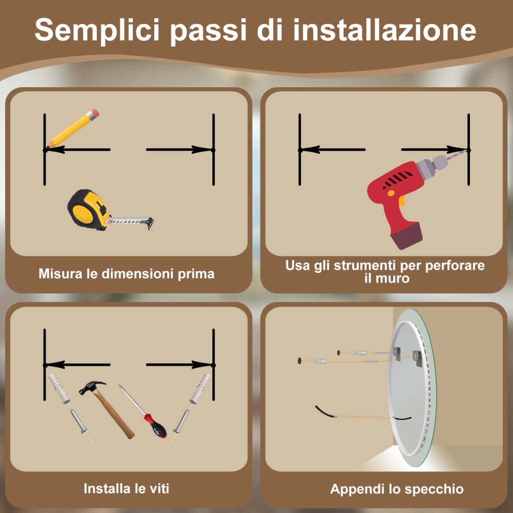 AICA SPECCHIO DA BAGNO ROTONDO CON LED 70 x 70 cm, antiappannamento, interruttore a sfioramento(Retroilluminato)