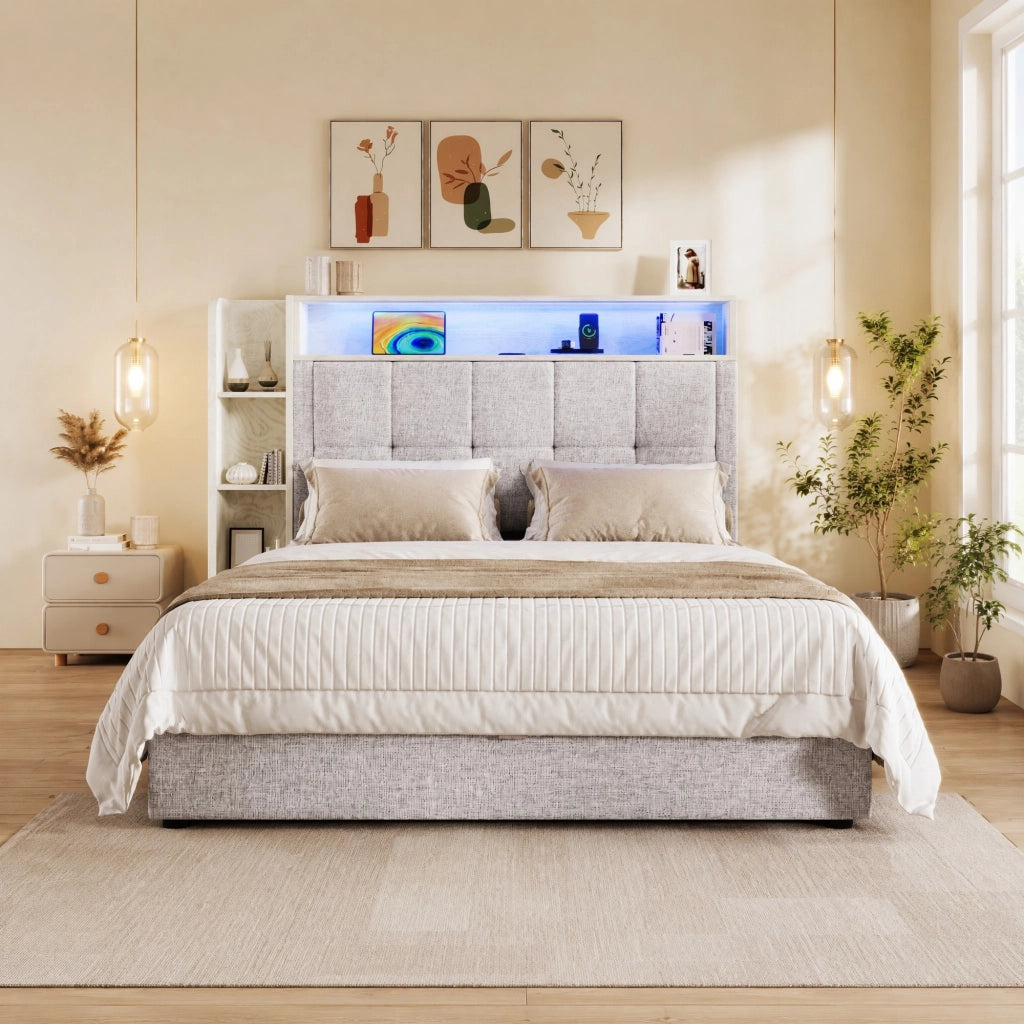 Letto matrimoniale 90x200 cm senza materasso con contenitore idraulico; LED; USB e Type-C; beige