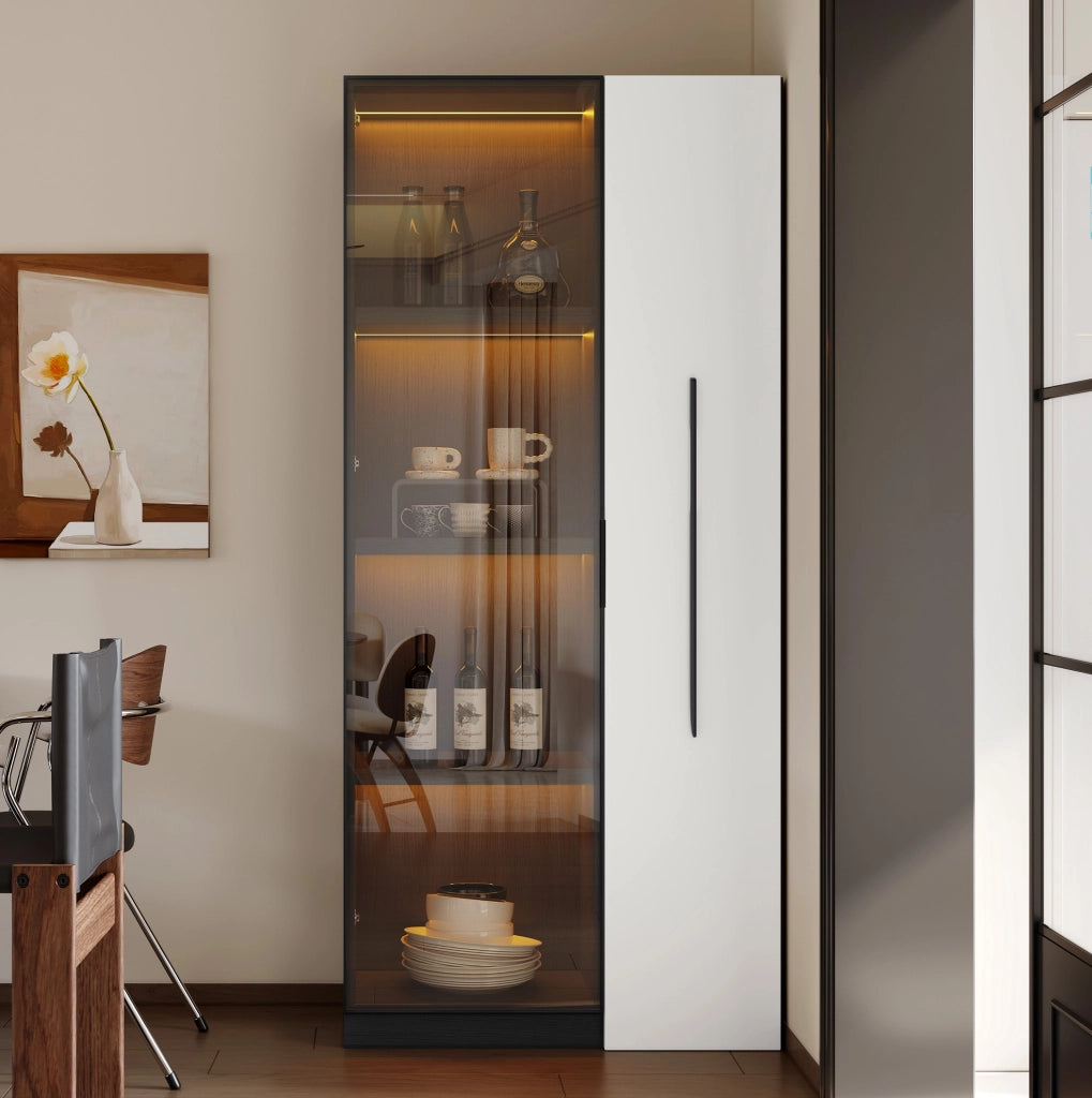 Vetrina moderna con LED e vano laterale 70x40x160 cm in MDF; nero e bianco