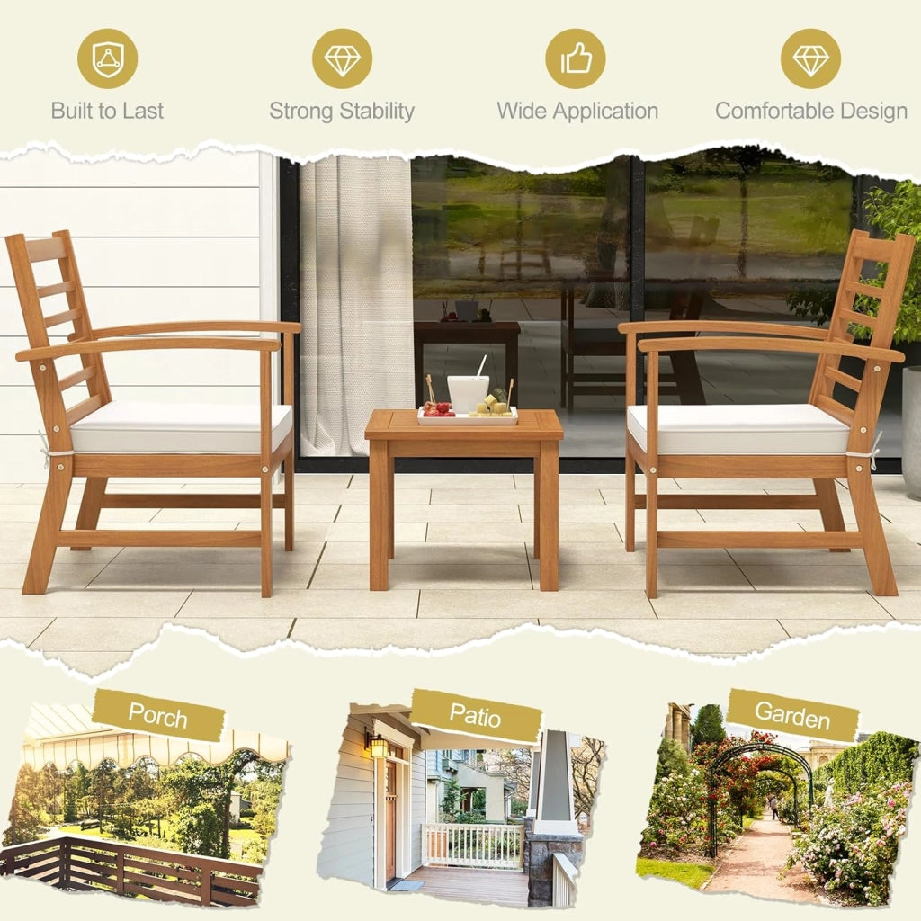 Set di 3 mobili da giardino in legno di acacia, per balconi, terrazze, mobili da giardino, set da 2 persone, set da 2 sedie con tavolo in legno, set da giardino con cuscino incluso