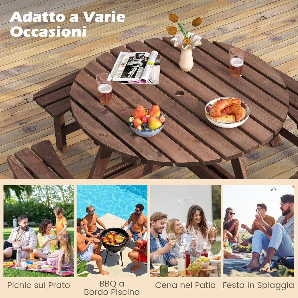 Set Tavolo da Giardino con 4 Panche Integrate, Legno Massiccio, con Foro Ombrellone, per 4-8 Persone, Tavolo Rotondo da Picnic per Esterno, Ogni Panca Porta 250 kg (Marrone, 179 x 179 x 70 cm)