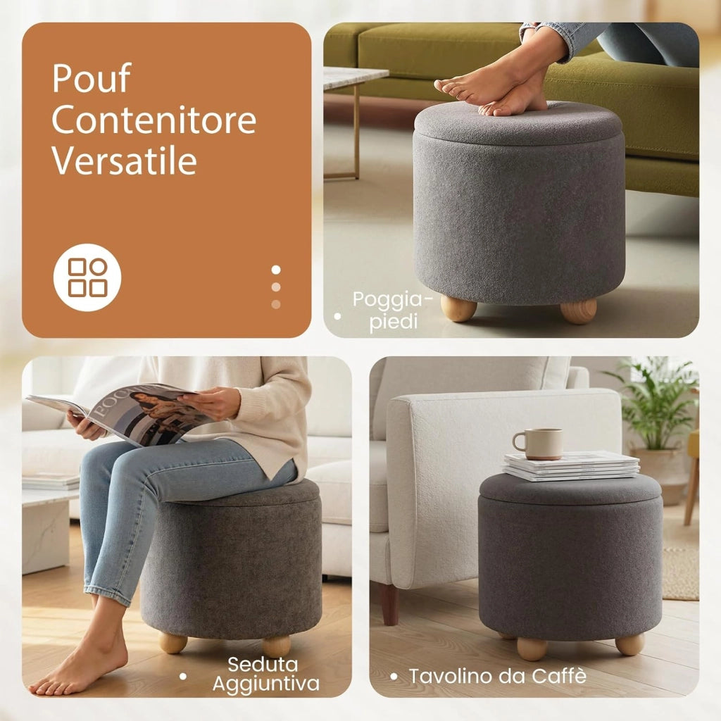 Pouf Contenitore 35 L, Ottomano in Tessuto Ciniglia con Coperchio Rimovibile, Sgabello con Gambe in Legno di Gomma, Portata 150 kg, per Soggiorno e Camera da Letto (Grigio)