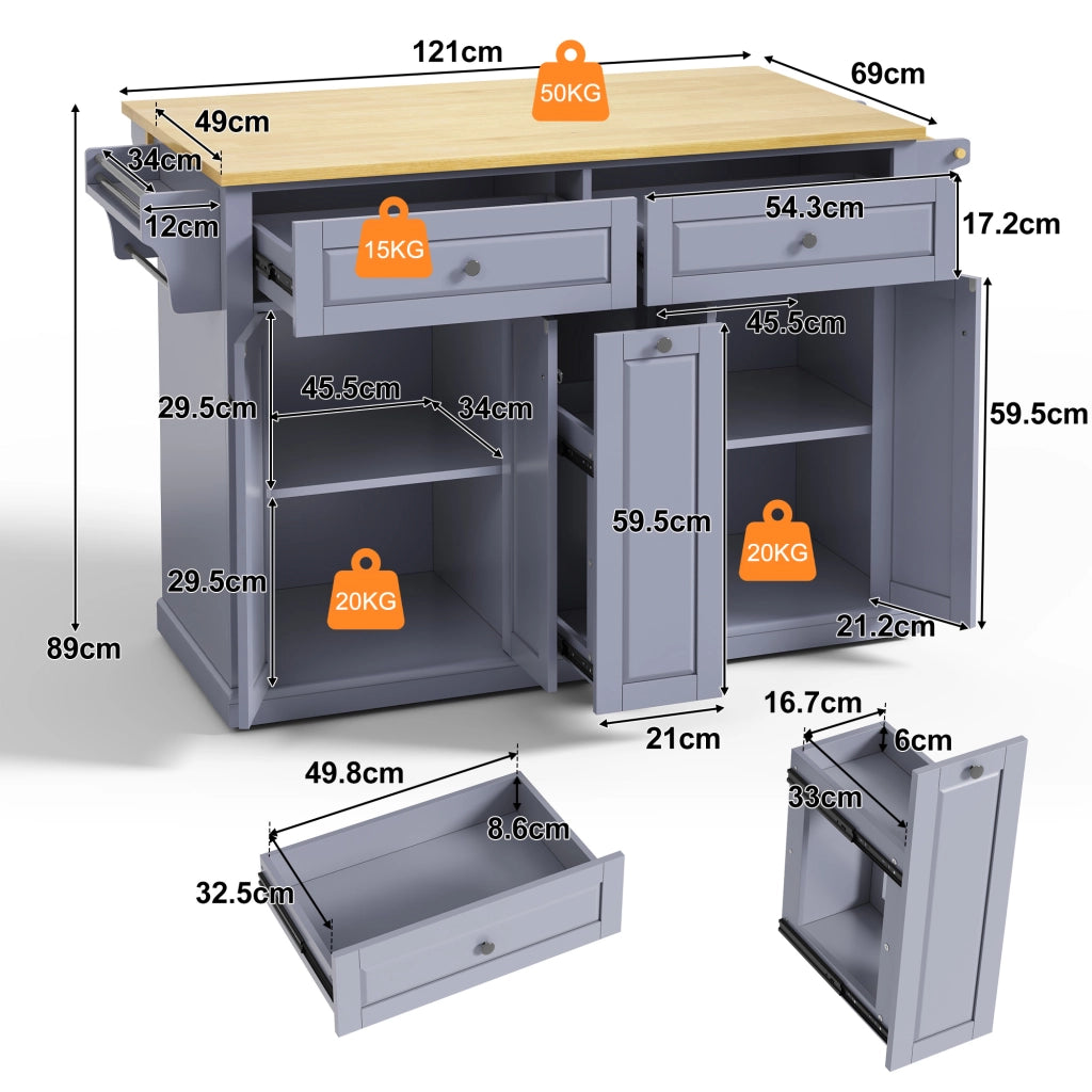 Isola cucina mobile con piano ribaltabile, 2 cassetti grandi, cassetti verticali, ruote frenanti, 121 x 49(69) x 89 cm