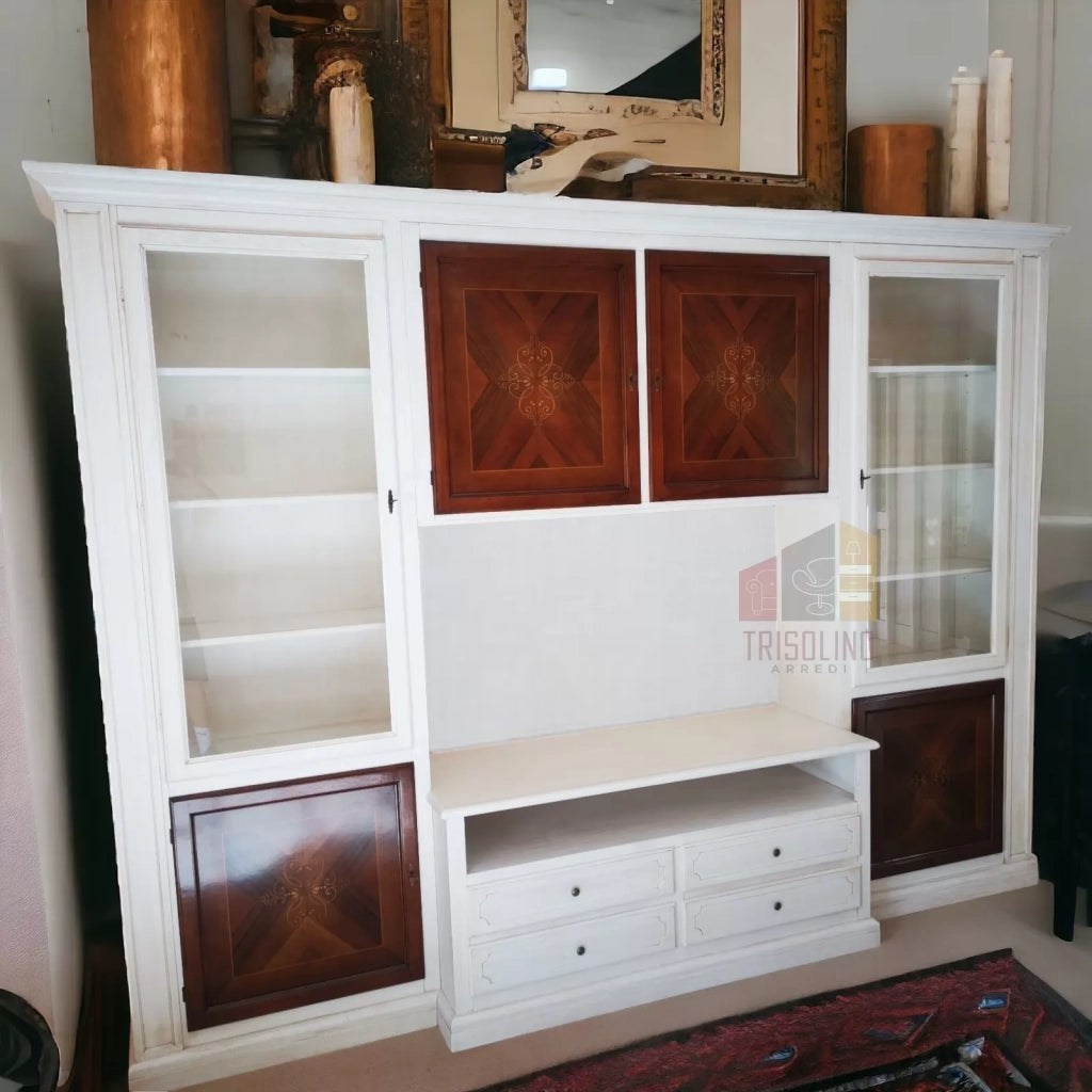 Parete attrezzata shabby legno bianca noce con intarsi 322x56x237 (344) - Mobili 2G