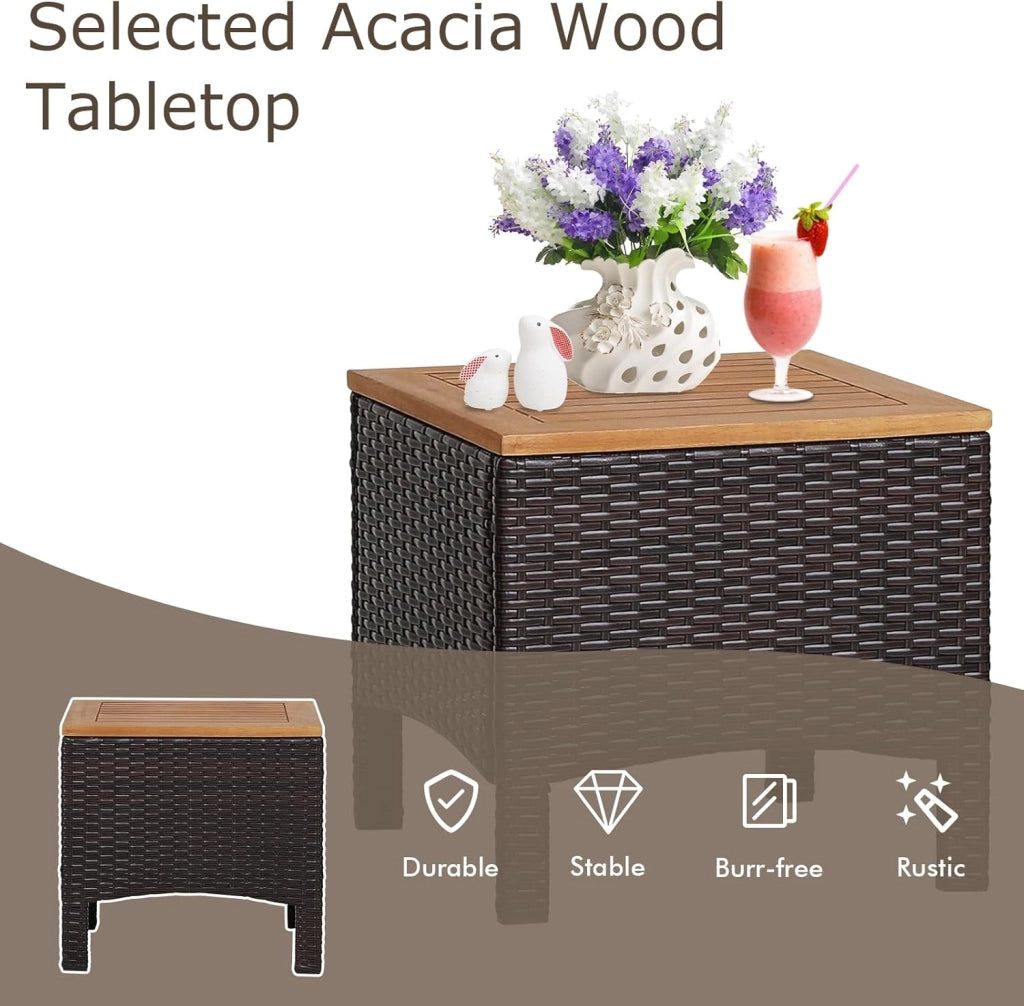 Set di 3 mobili da giardino in rattan e legno di acacacia, mobili da balcone con 2 poltrone e 1 tavolino, per giardino, balcone, marrone e bianco