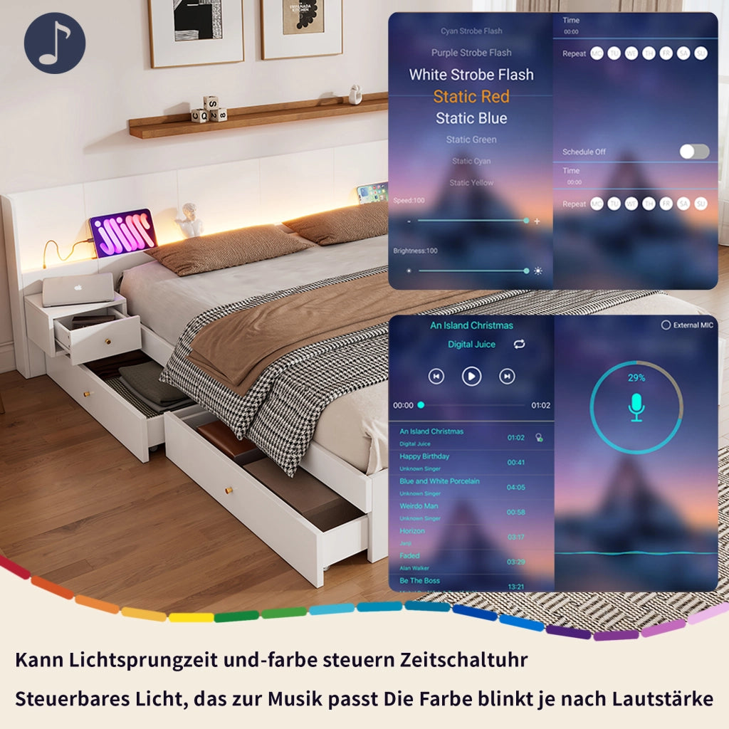 DESMIU Letto matrimoniale 2 posti con USB, presa, LED regolabile e 2 cassetti 180 × 200 cm, senza materasso, bianco
