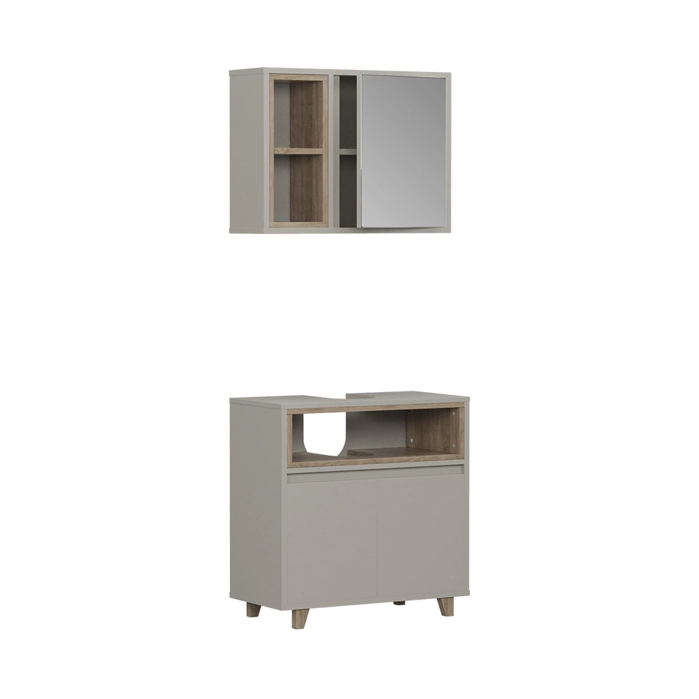 Vicco Set di mobili da bagno Greige/Rovere con mobiletto a specchio e mobiletto base