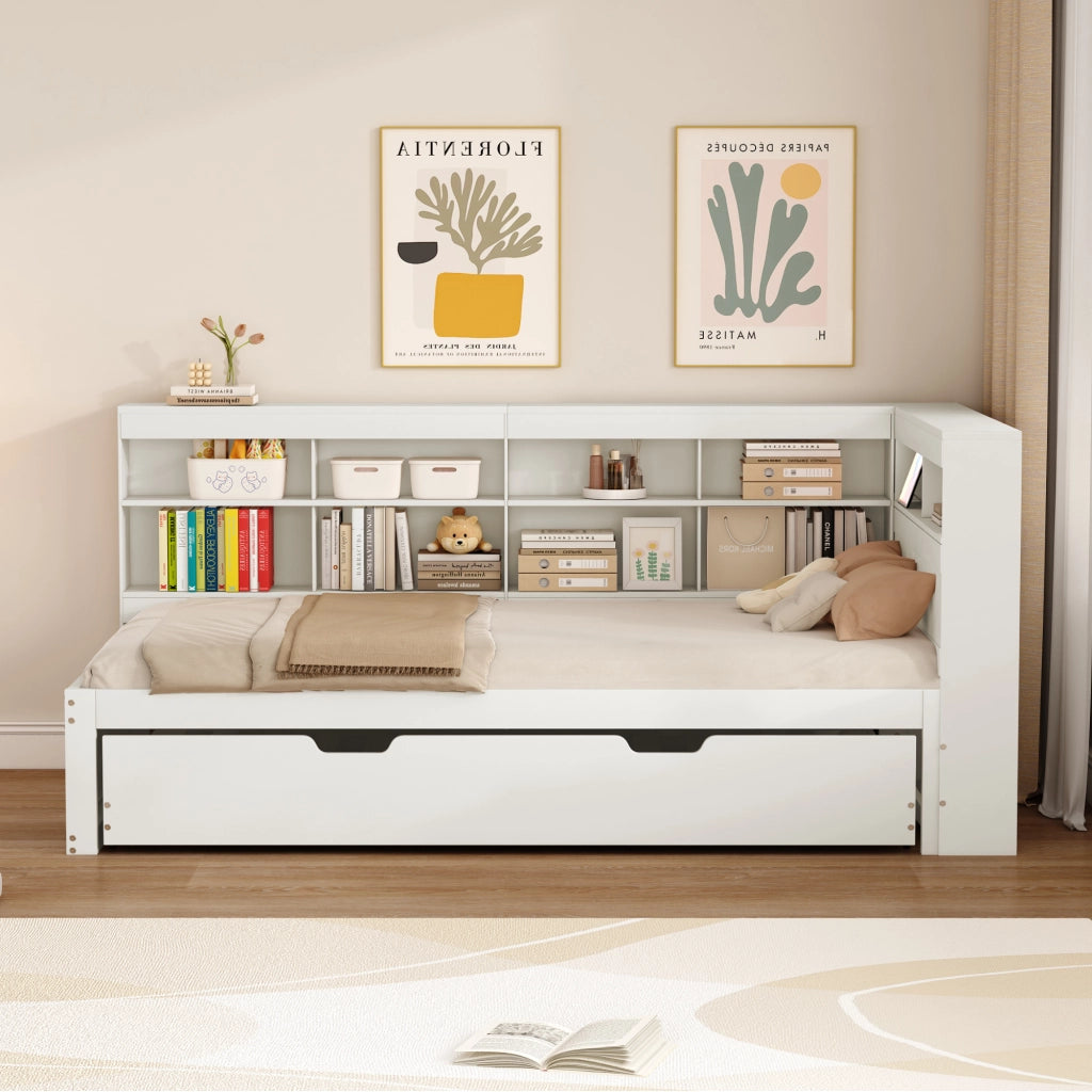 OKWISH Letto estraibile 90×200 cm, Letto Singolo con USB, vani contenitore e mensole, 90×190 cm, senza Materasso, in Legno, Bianco