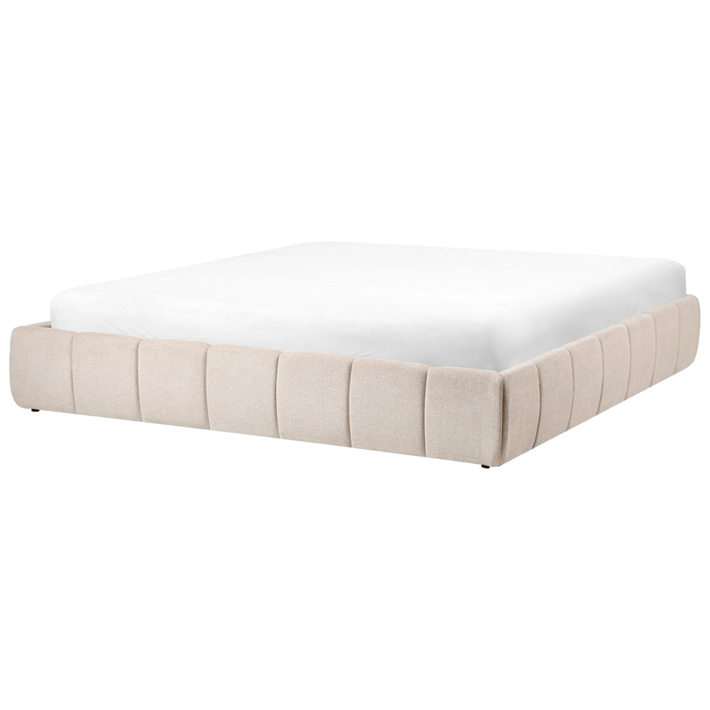 Letto matrimoniale in tessuto beige chiaro, imbottita, con contenitore e panca 180x200 cm design moderno