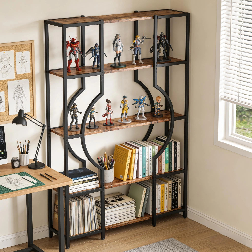 Libreria a 5 ripiani in metallo nero e legno rustico, scaffale aperto salvaspazio stile vintage