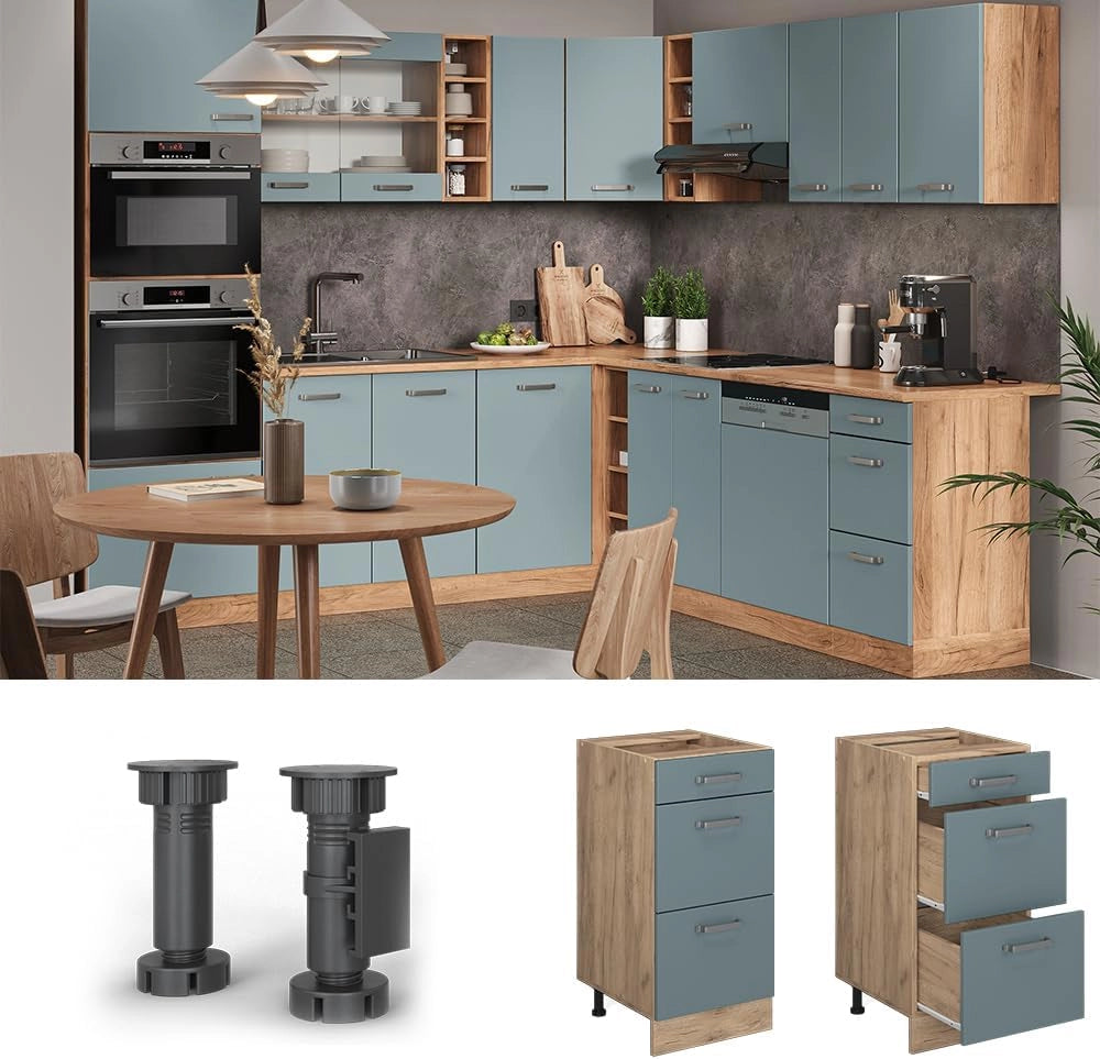 Mobiletto base per cucina R-Line, Grigio-blu, 40 cm con cassetti, senza piano di lavoro, per la libera combinazione all'interno di sistemi cucina modulari