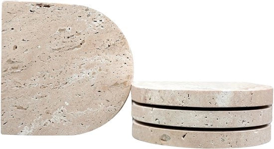 Set di Supporti in Marmo di 4 pezzi, Piatto Beige Pietra Naturale Ø 10 cm, Supporti Curvi in Travertino per Decorazione Interna, Tavolo Cucina, Ufficio
