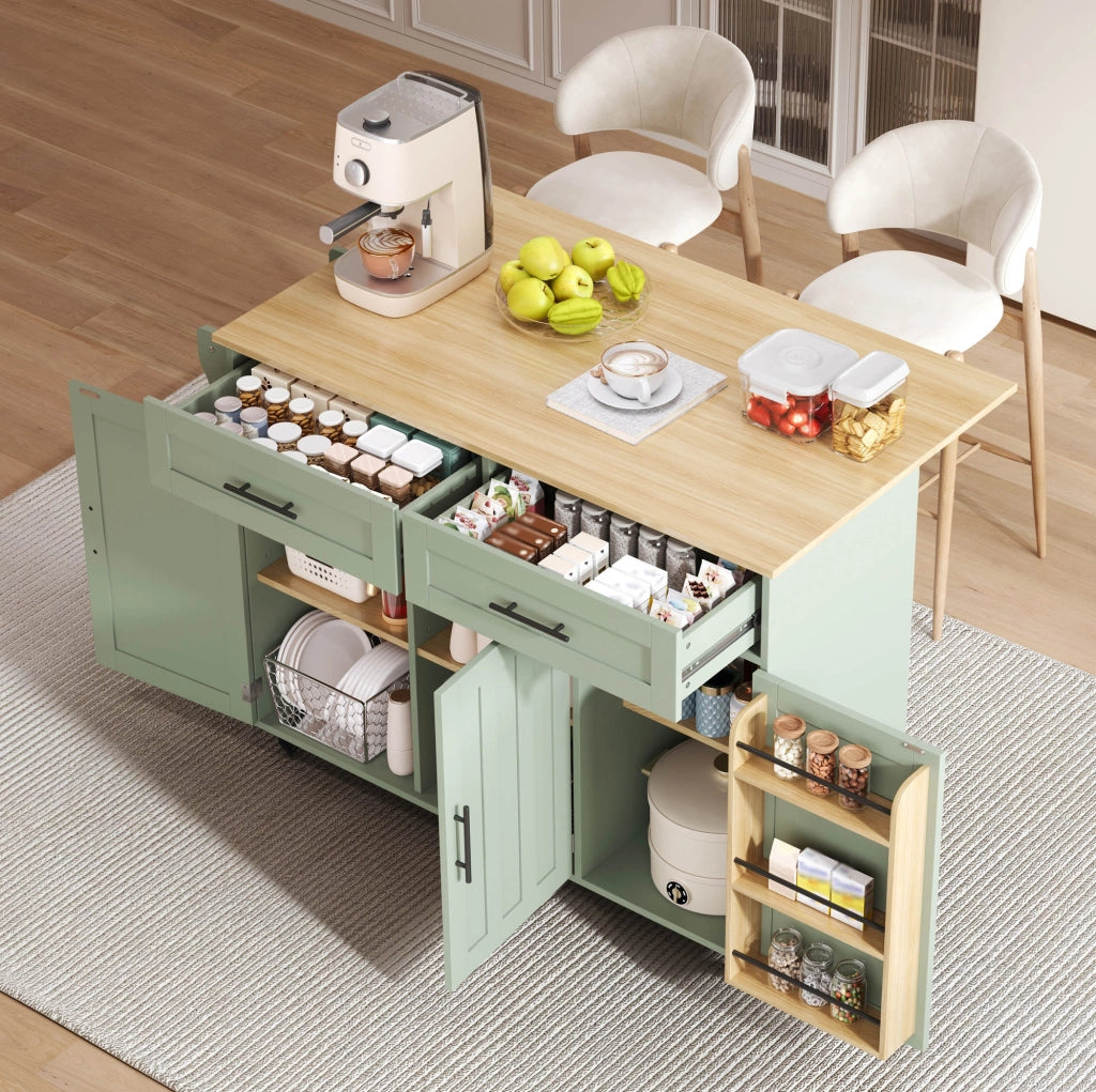 Carrello da cucina multifunzionale con piano pieghevole 129x71x91;5 cm in MDF verde antico