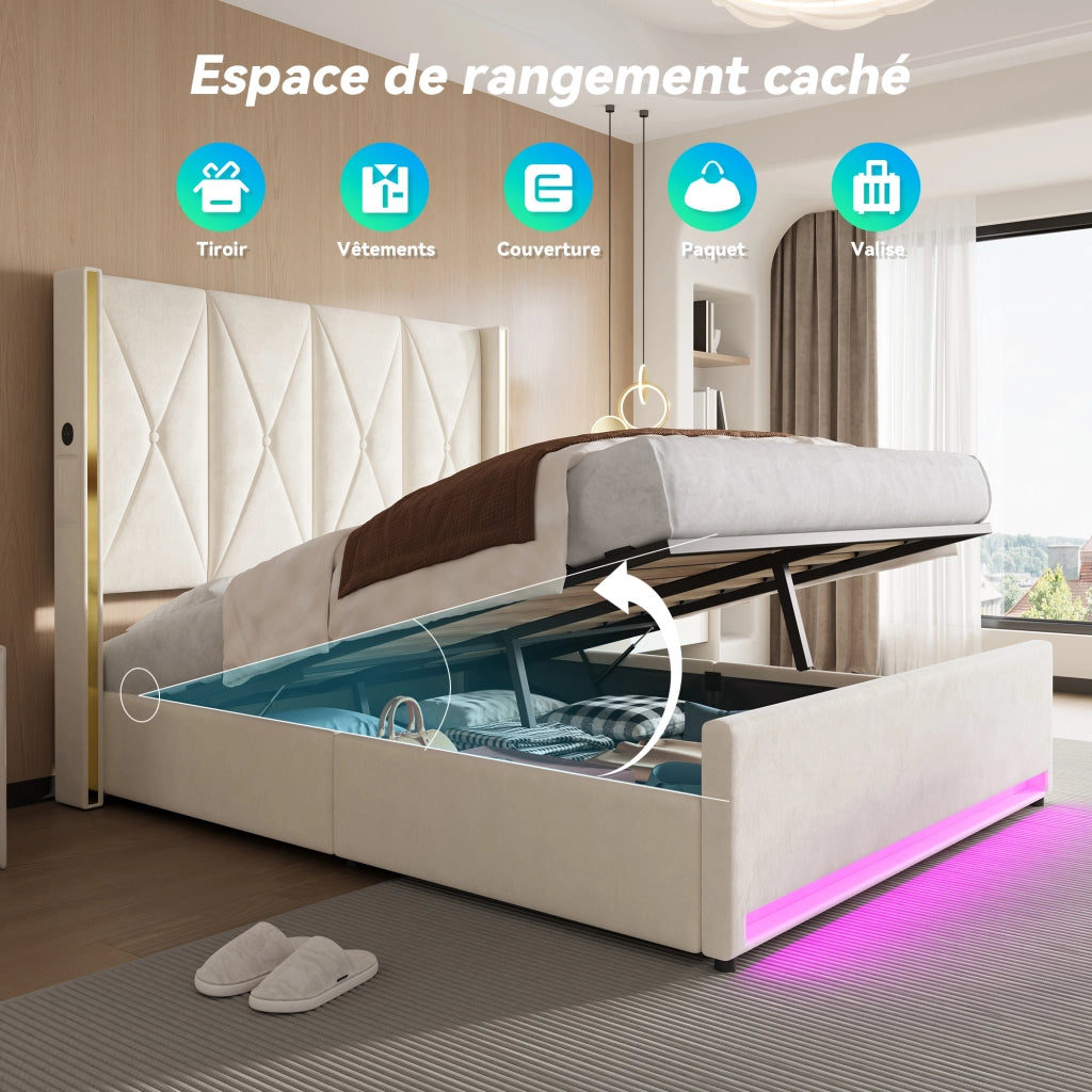 Letto Contenitore Matrimoniale 160x200 cm; USB; Type-C e LED; in Velluto Beige