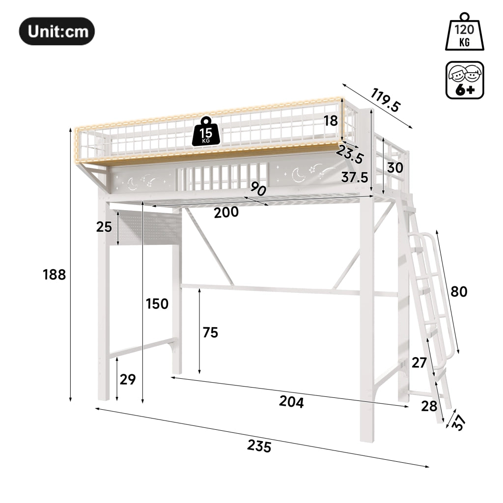 Letto a soppalco 90x200 cm, letto alto con ripiani portaoggetti e spazio aperto sottostante, metallo bianco