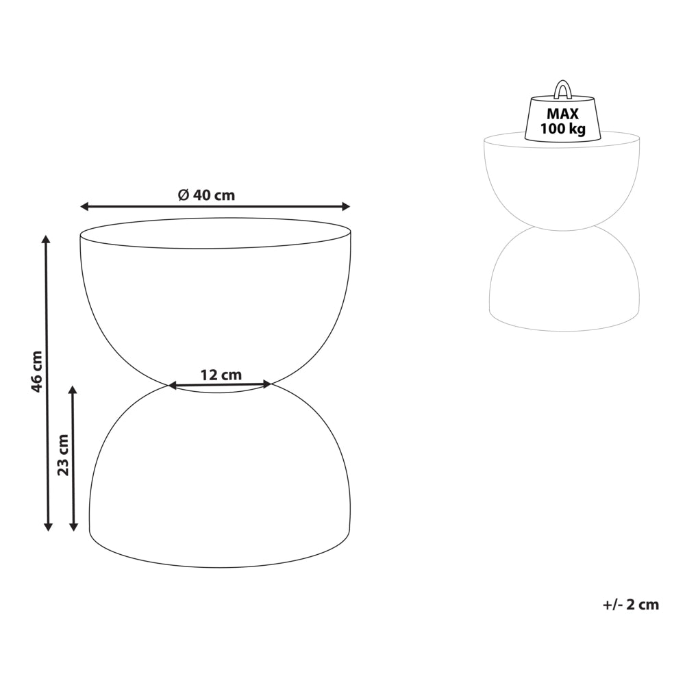 Tavolino d'accento bianco con effetto terrazzo in fibra di vetro MgO con piano rotondo a forma di clessidra resistente alle macchie UV, alla ruggine, all'acqua e al vento, moderno per il soggiorno all'aperto.