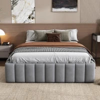 Letto Matrimoniale Moderno con Rete a Doghe, Design Minimalista, senza Testiera e Materasso, 4 Cassetti Contenitori, 218x149x35 cm, Grigio