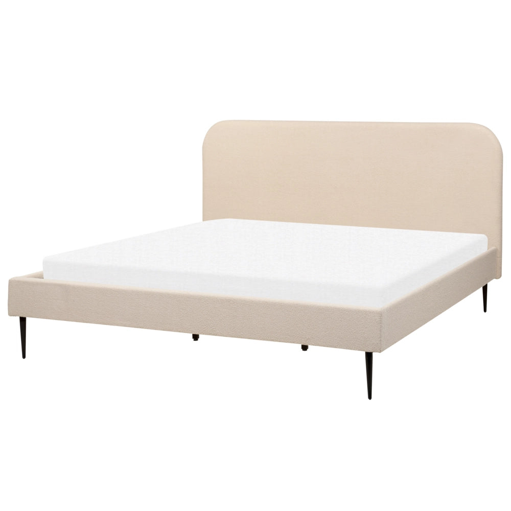 Letto beige bouclè tappezzeria doppia dimensione gambe dorate testiera con rete a doghe 180 x 200 cm design minimalista