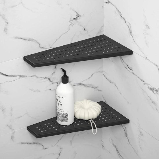 Pannello angolare per bagno senza perforazione - Acciaio inossidabile - Supporto per shampoo - Nero - Set da 2 pezzi - 305 x 155 mm