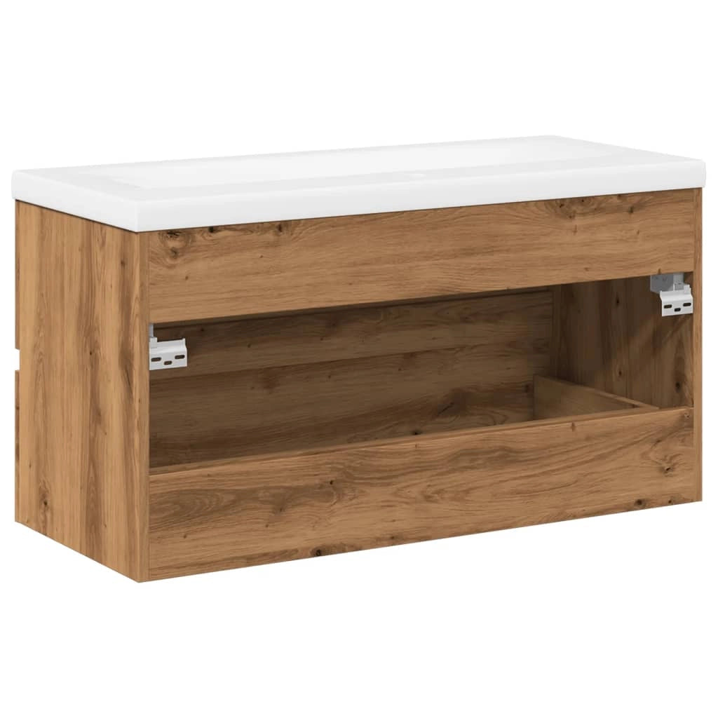 Mobile lavabo sospeso con vano portaoggetti 90 x 38,5 x 45 cm finitura rovere ingegnerizzato realizzato a mano 02_0055851