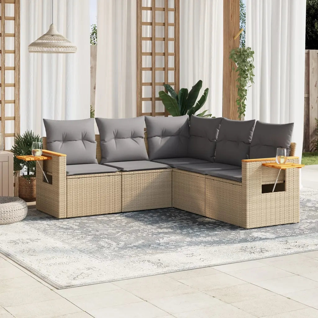 Set Divano da Giardino 5 pz con Cuscini-Sofa da Giardino-Divanetto da esterno Beige in Polyrattan 140697