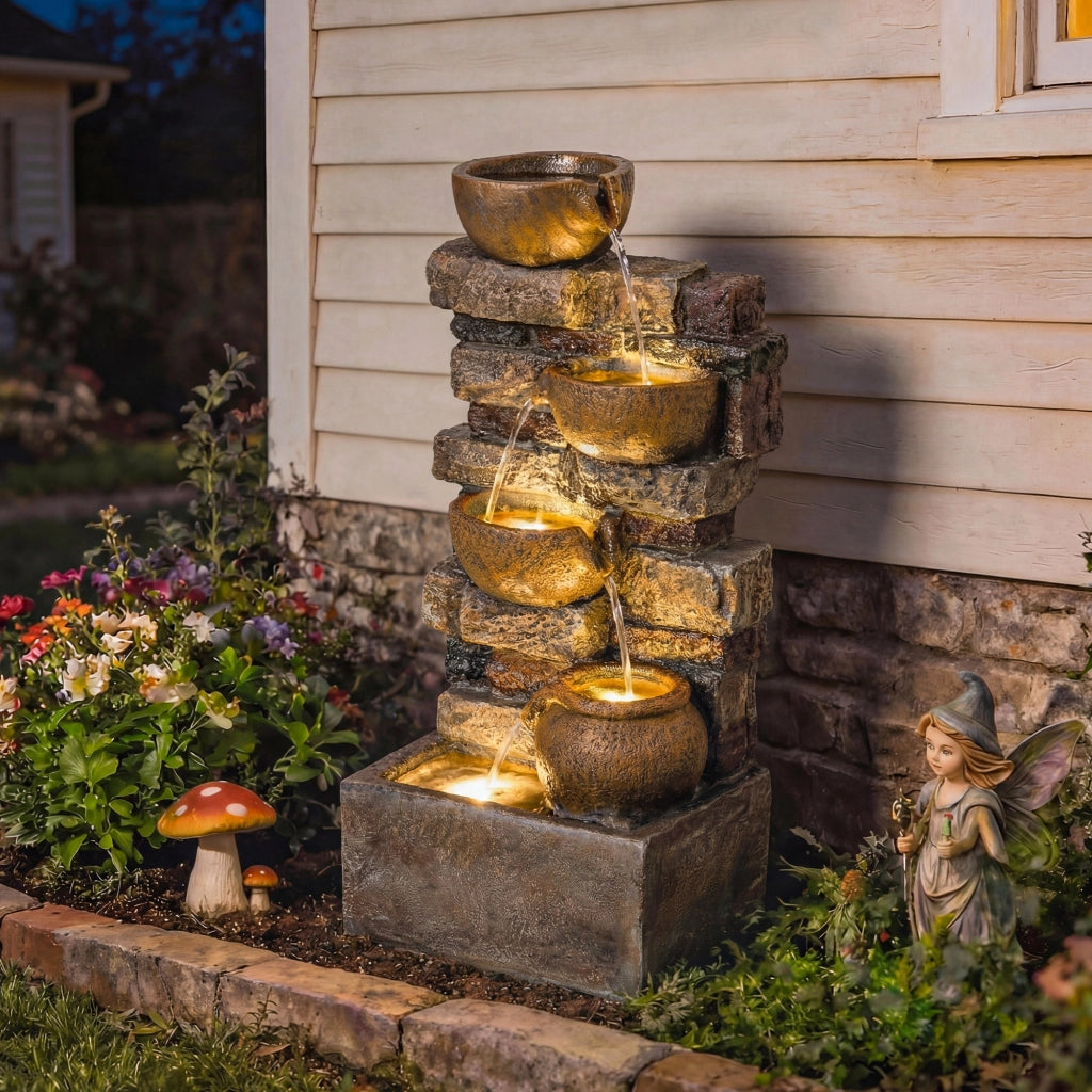 Fontana da Giardino a Cascata con Luci LED ¨C zephmum ¨C Marrone Rustico