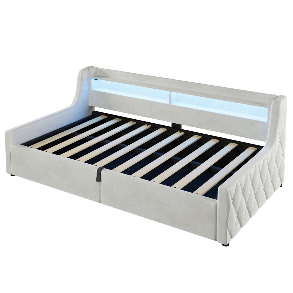 Letto singolo imbottito 90x200 con vano contenitore e testiera LED