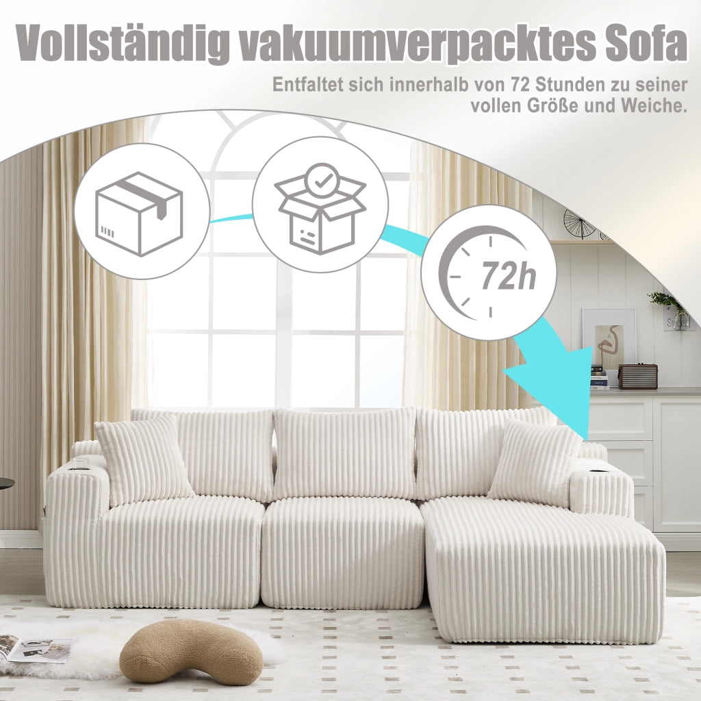 Divano modulare con chaise longue e 2 posti, tasche laterali, portabicchieri e 5 cuscini in corduroy beige