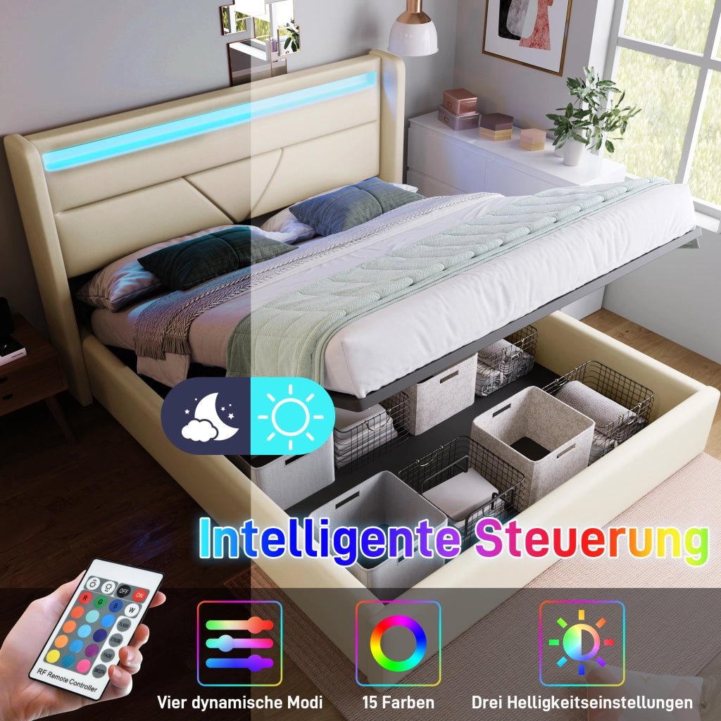 LETTO Contenitore 140x200 cm PU bianco con LED