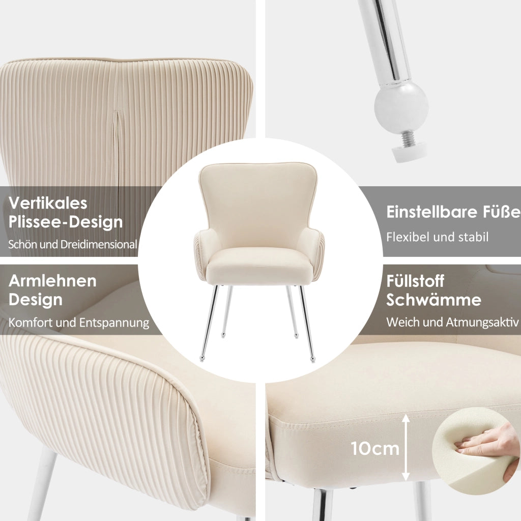 Sedia da pranzo 4 pezzi con braccioli e supporto lombare, schienale plissettato, in velluto e metallo beige
