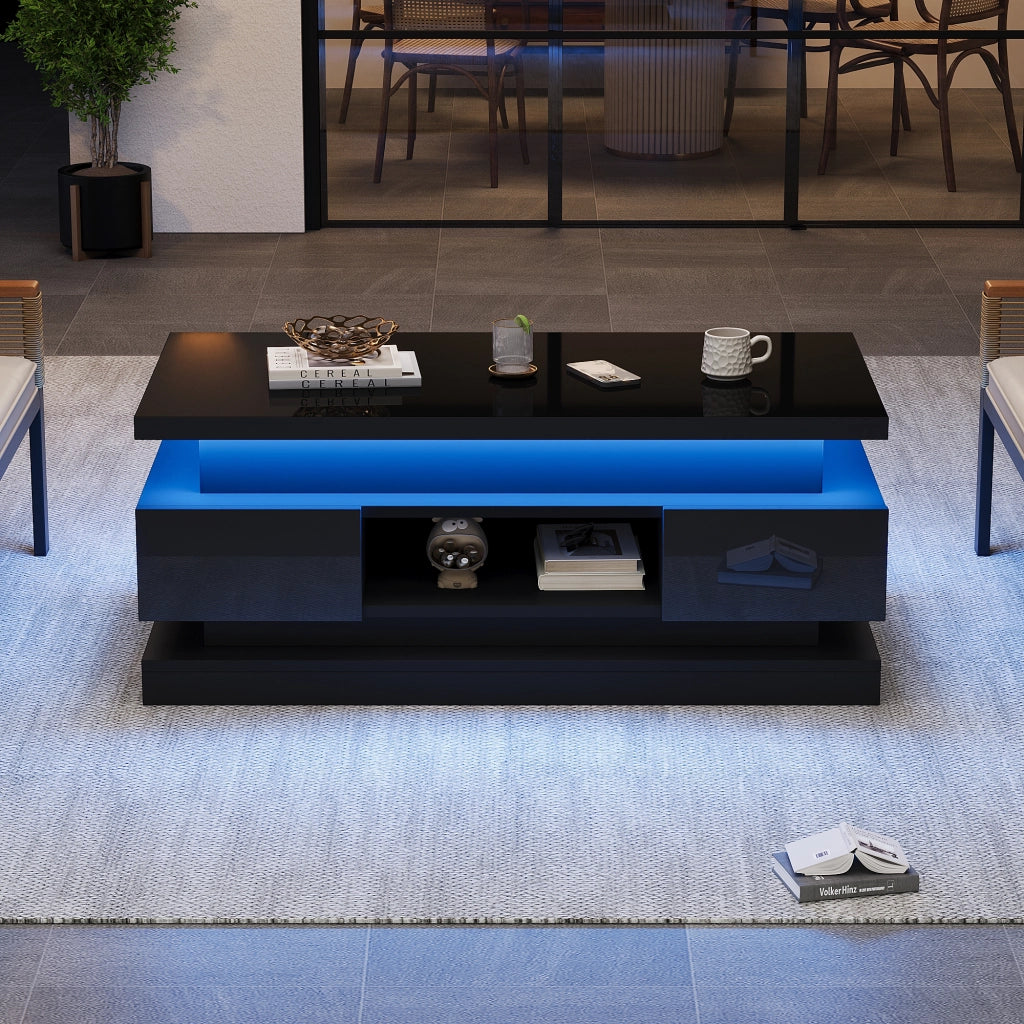 TAVOLINO DA CAFFÈ ALZABILE 100x50x40 cm NERO LUCIDO con LED e 2 cassetti