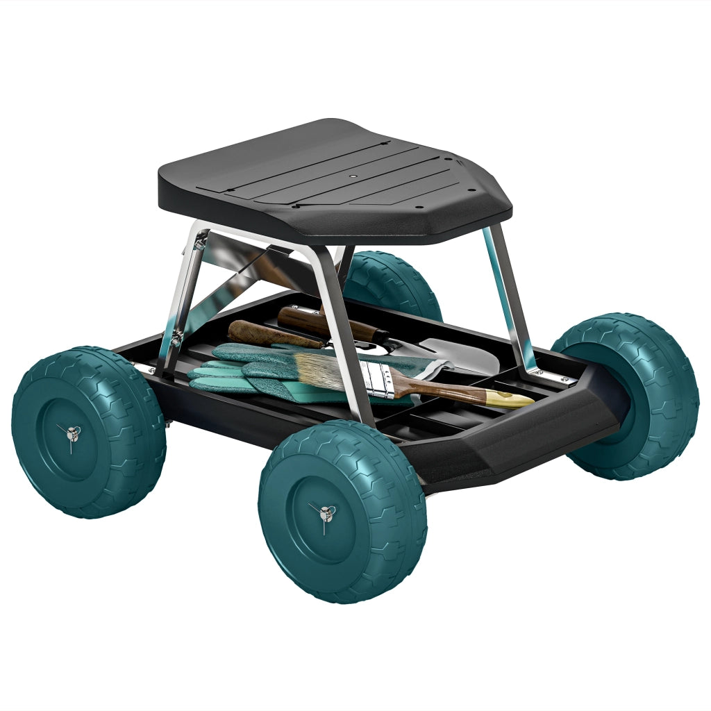 Sedile da Giardino con Ruote e Vassoio Porta Attrezzi Sgabello per Giardinaggio Robusto e Pratico per Fai da Te Verde Scuro 50 x 49 x 32 cm