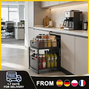 Organizzatore 2-schivi per cucina con ripiano estensibile, regolabile altezza, alta capacità di carico e doppio supporto per erbe.