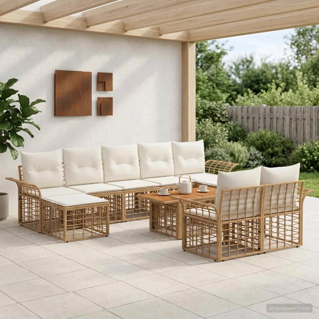 Set Divano da Giardino 10 pz Naturale e Bianco Crema polyrattan 3438018