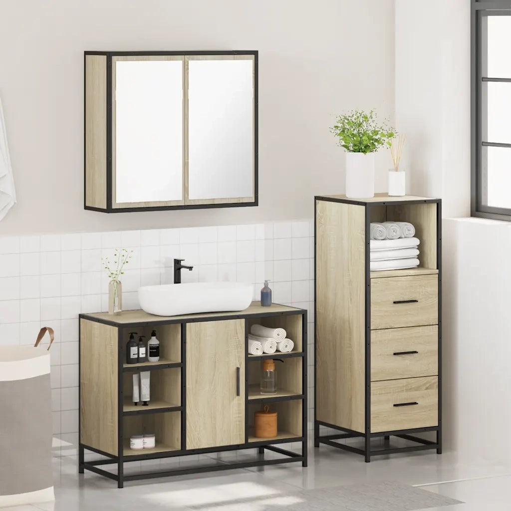 Set Mobili da Bagno 3 pz Rovere Sonoma in Legno Multistrato