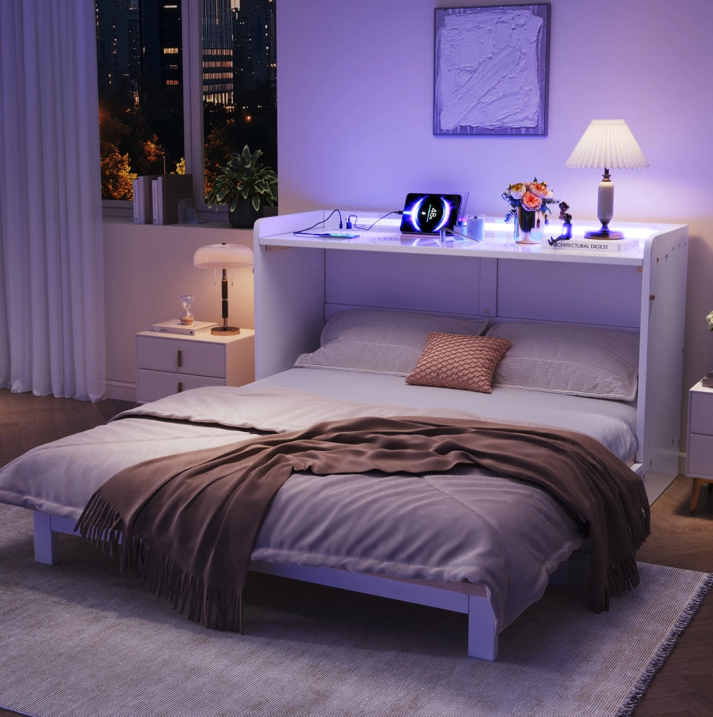 Letto a scomparsa 140x200 cm con LED, USB e presa, bianco