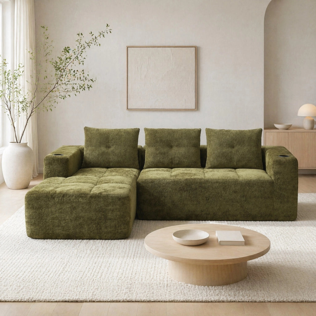Divano angolare 4-5 posti con portabicchieri, Stile Moderno, in Chenille Verde