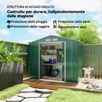 Casetta da Giardino Porta Utensili in Lamiera con Porte Scorrevoli, 213x130x185cm, Verde