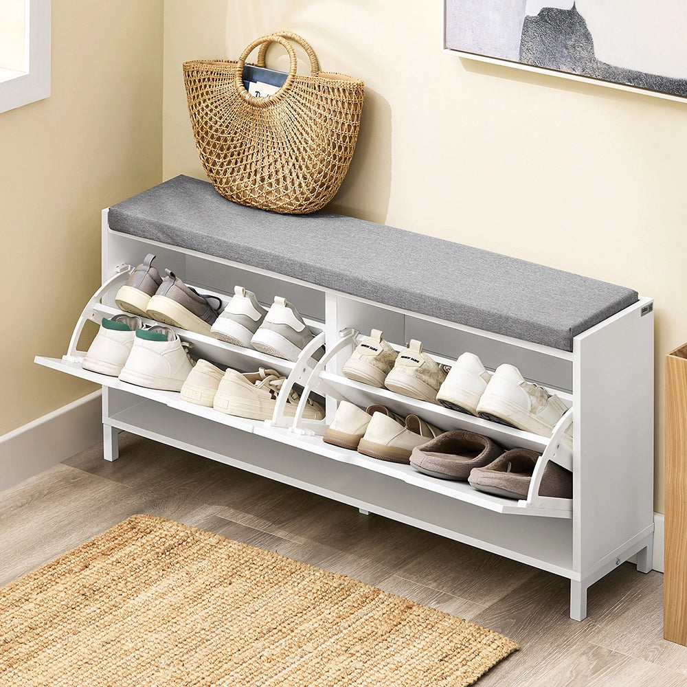 SoBuy Scarpiera Panca Ingresso Salvaspazio Panca Contenitore con Cuscino Imbottito e Struttura in MDF e Ferro, Carico Fino a 250kg, Design Nordic, Bianco e Grigio, 105x24x52 cm, FSR151-L-W