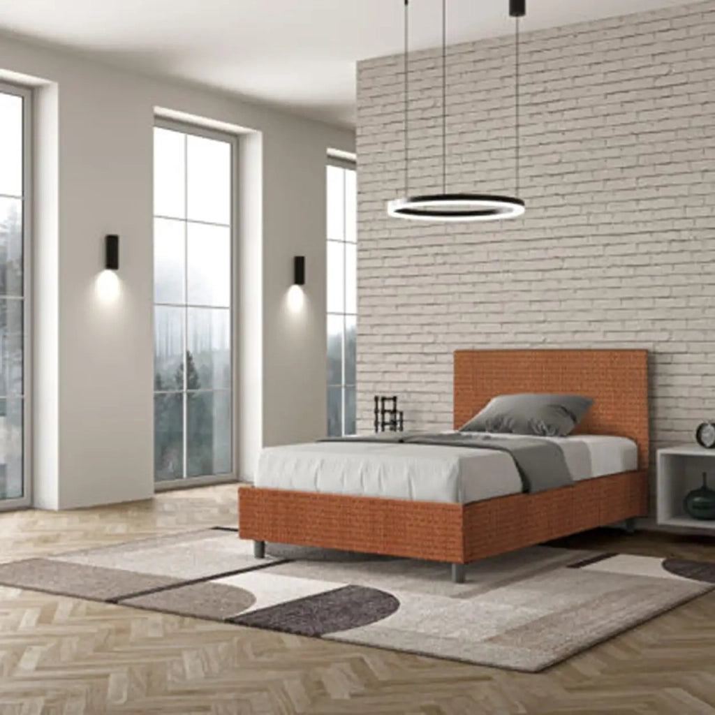Letto una piazza e mezza contenitore imbottito 120x200 tessuto Labirinto 4 arancio Adele