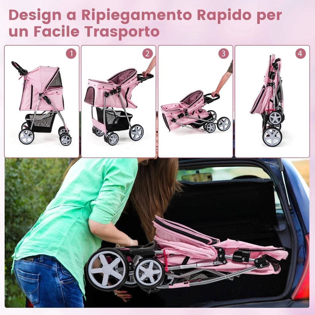 Passeggino per Cani, Carrozzina per Cani Pieghevole Fino a 15 kg, 4 Ruote con Finestra a Rete Porta Bicchiere e Cesto, Passeggino Portatile per Animali Piccola e Media (Rosa)