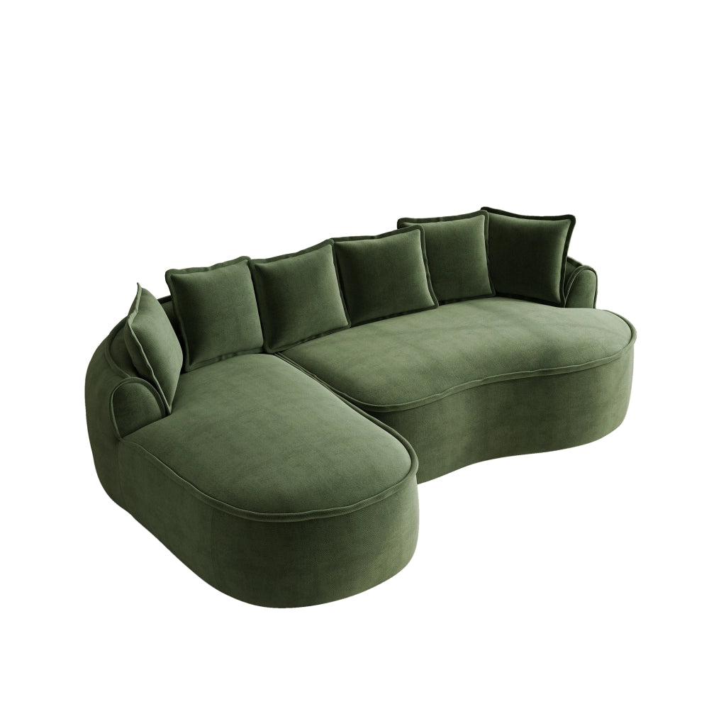 Divano modulare senza telaio in ciniglia; chaise longue profonda; braccioli larghi; verde