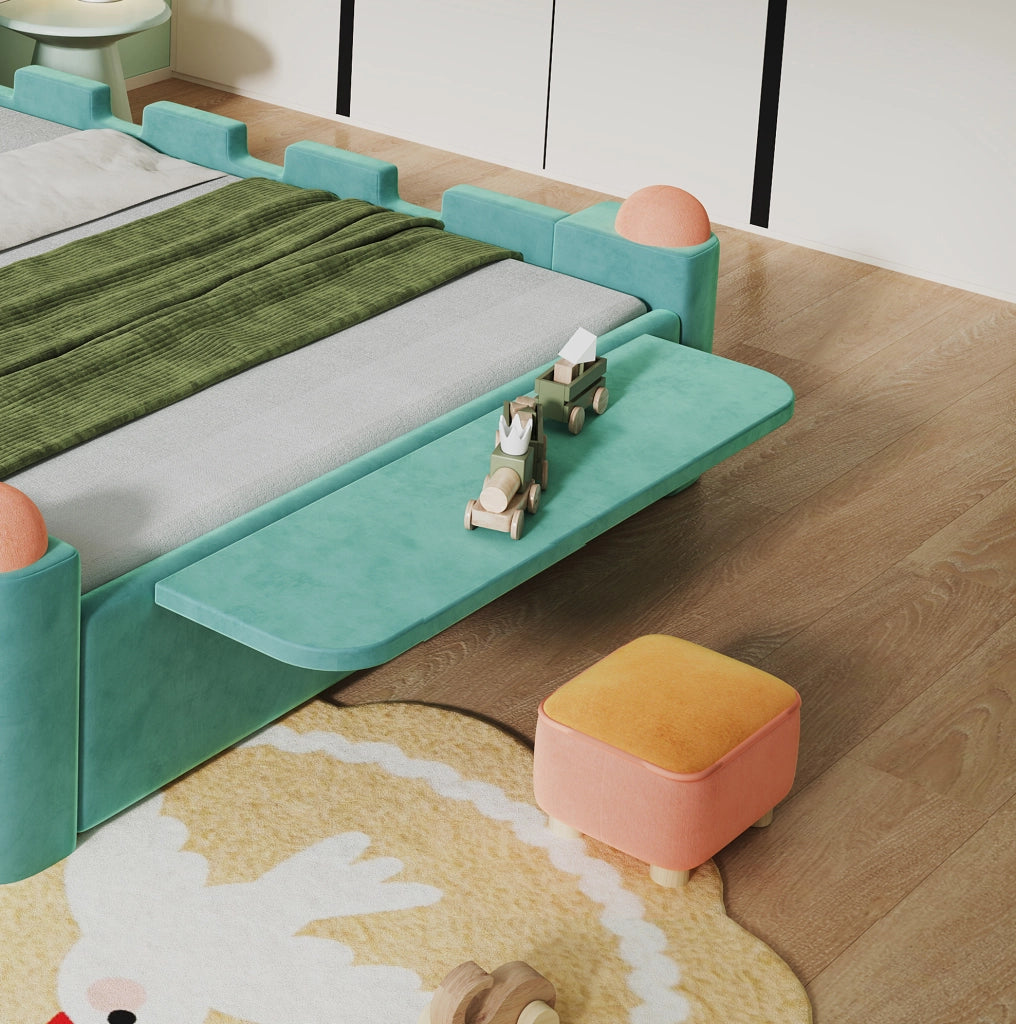 Letto singolo per bambini 90x200 cm imbottito con luce LED; USB e cassetto blu-verde HOMVRA
