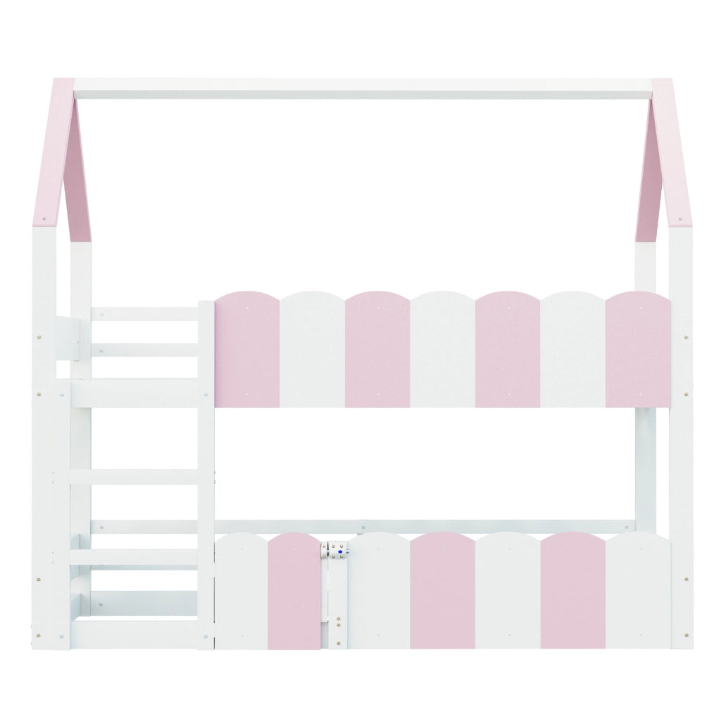 Letto a castello per bambini a forma di casetta 90x200 cm; rosa e bianco; con rete a doghe
